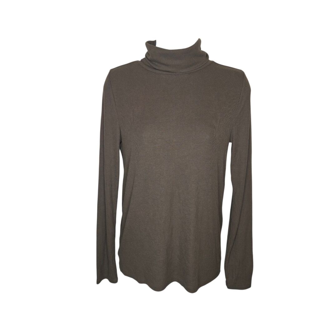 LOFT Essentials Olive Green Ribbed Turtleneck Top Medium Long Sleeve Stretch
